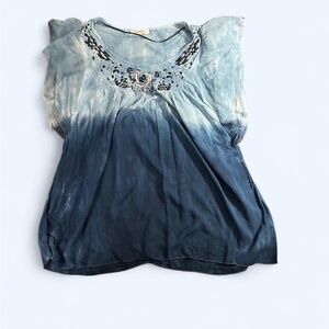 dressbarn Whimsical Blue Gradient Blouse with Embroidery
